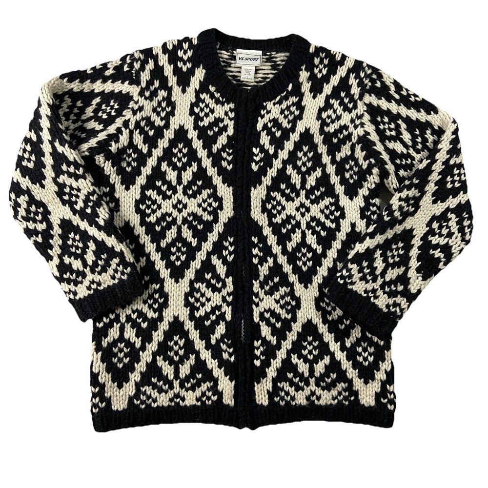 VTG VS Sport 100% Wool Long Sleeve Full Zip Chunky Knit Women's L Nordic Granola